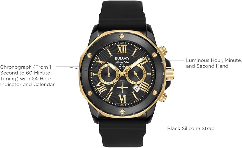 Bulova Men's Marine Star Series A Black and Rose Gold Ion-Plated Stainless Steel 6-Hand Chronograph Quartz Watch, Black Silicone Strap Style: 98B278