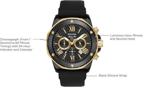 Bulova Men's Marine Star Series A Black and Rose Gold Ion-Plated Stainless Steel 6-Hand Chronograph Quartz Watch, Black Silicone Strap Style: 98B278