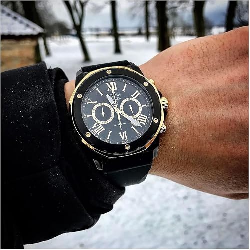 Bulova Men's Marine Star Series A Black and Rose Gold Ion-Plated Stainless Steel 6-Hand Chronograph Quartz Watch, Black Silicone Strap Style: 98B278